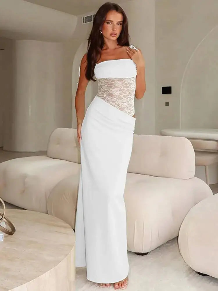 Elegante Vestido de Festa Longo Sexy com Alças Finas Vazadas em Malha e Decote nas Costas - Modelo Feminino Verão 2025
