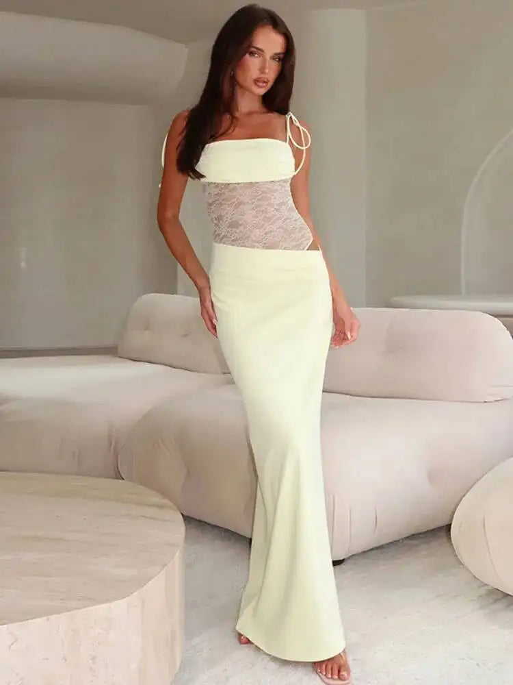 Elegante Vestido de Festa Longo Sexy com Alças Finas Vazadas em Malha e Decote nas Costas - Modelo Feminino Verão 2025
