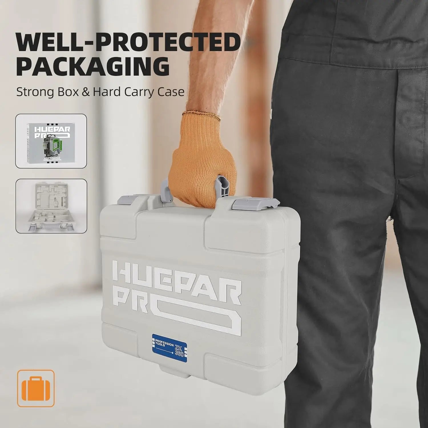 Nível laser profissional Huepar 4D com linhas cruzadas, precisão de 2 mm, autonivelante, laser verde, bateria de iões de lítio de 8000 mAh e suporte.