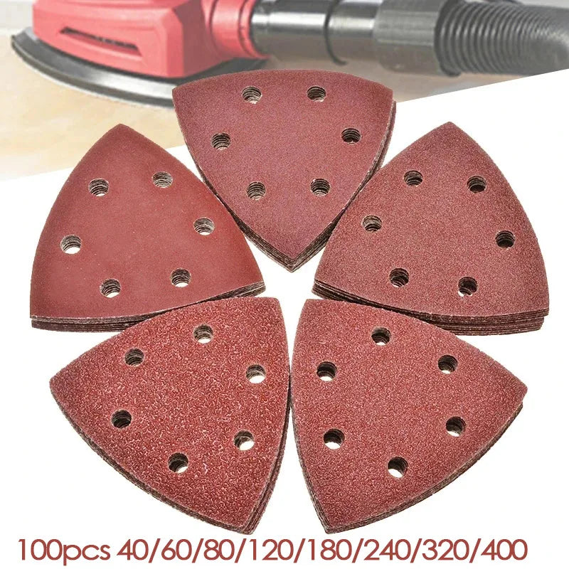 Conjunto de 100 discos de lixa triangulares de 90 mm para lixadora Delta com sistema de fixação por velcro, para grãos de lixa 40 a 400.
