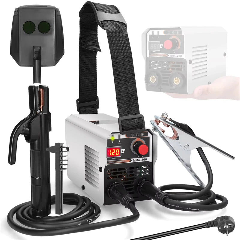Máquina de soldadura MIG/MMA 2 em 1 com inversor IGBT DC, alimentação automática de arame, soldadura por contacto e soldadura por arco com proteção gasosa.