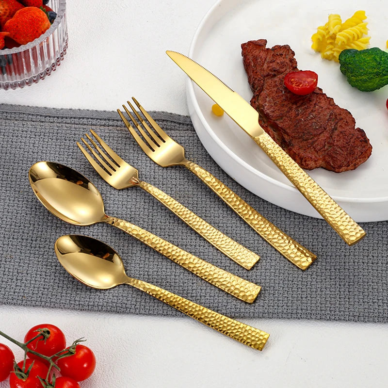 Conjunto de talheres de aço inoxidável 30 unidades, faca e garfo luxuosos dourados, podem ser lavados na máquina de lavar louça.