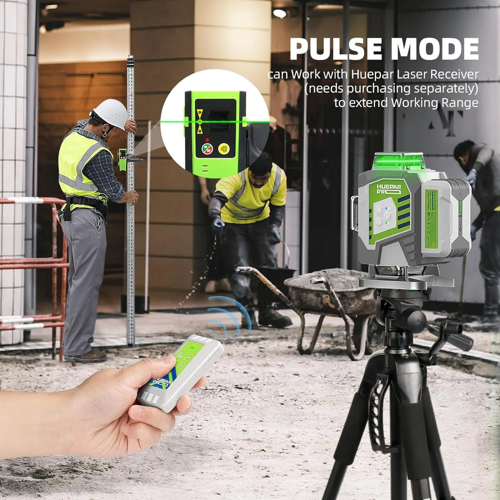 Nível laser profissional Huepar 4D com linhas cruzadas, precisão de 2 mm, autonivelante, laser verde, bateria de iões de lítio de 8000 mAh e suporte.