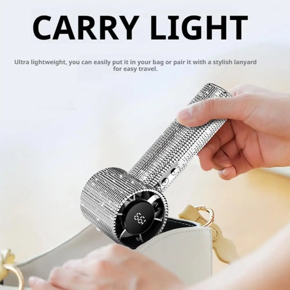 Ventilador portátil de mão com visor digital, 199 velocidades, com strass para pendurar ao pescoço, ideal para a praia.