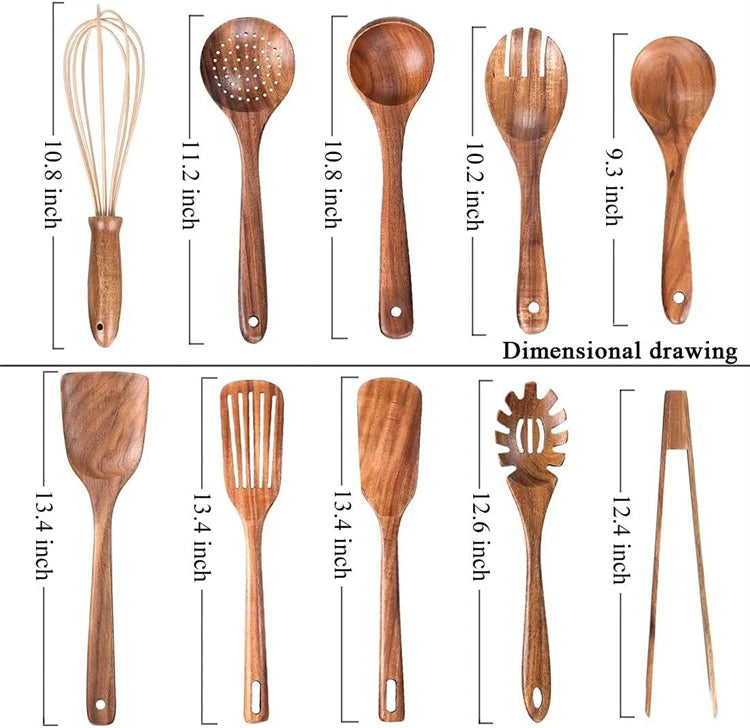 Conjunto de utensílio de cozinha de madeira de teca natural, 10 pacotes, colheres de madeira, espátula, conjunto de utensílio de cozinha para cozinhar e assar
