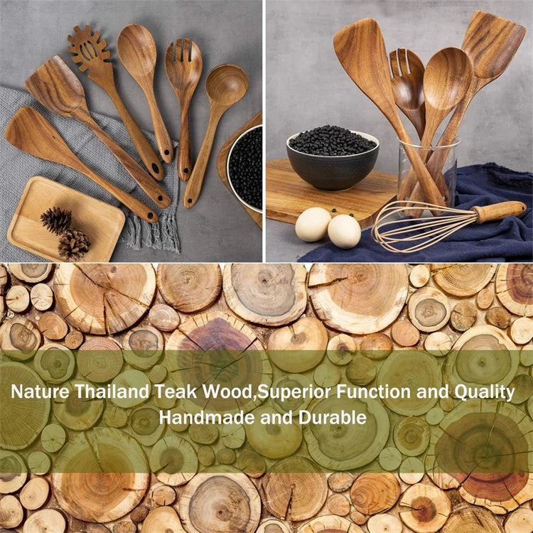 Conjunto de utensílio de cozinha de madeira de teca natural, 10 pacotes, colheres de madeira, espátula, conjunto de utensílio de cozinha para cozinhar e assar