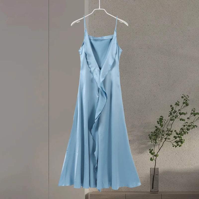 Vestido elegante para mulher com racha, cor sólida, decote quadrado, costas nuas e sem mangas, modelo comprido, ideal para festas e eventos na primavera/verão de 2026.
