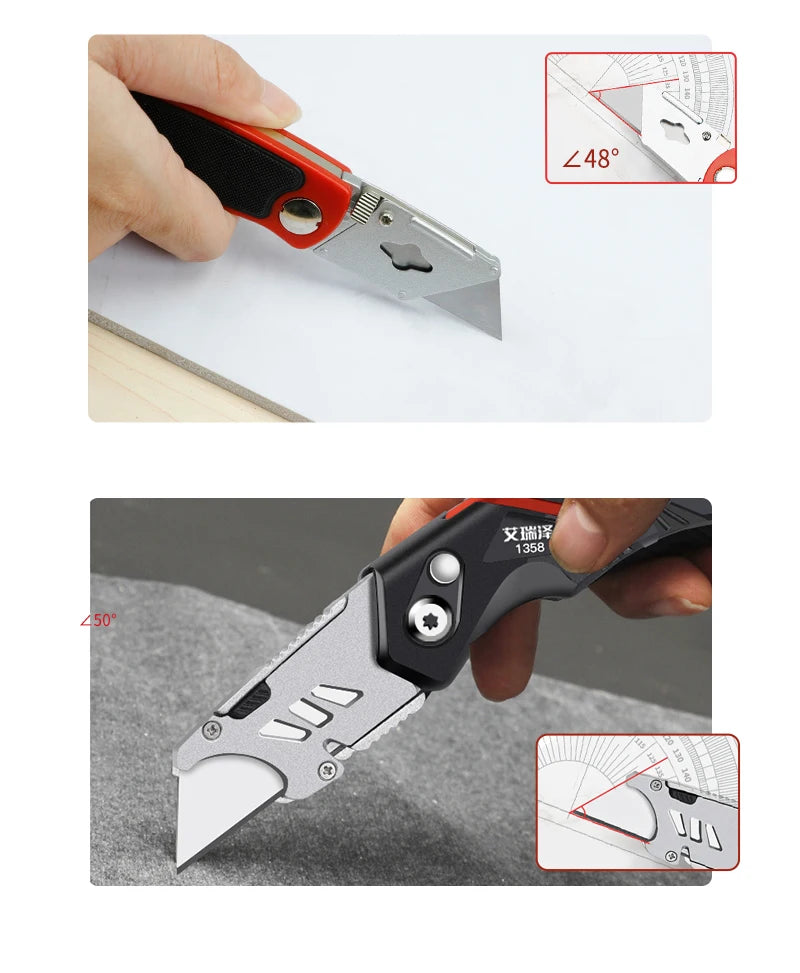 Estilete multifuncional retrátil AIRAJ com lâmina de aço resistente de 18 mm, ideal para cortes em papel, eletricista e uso profissional.