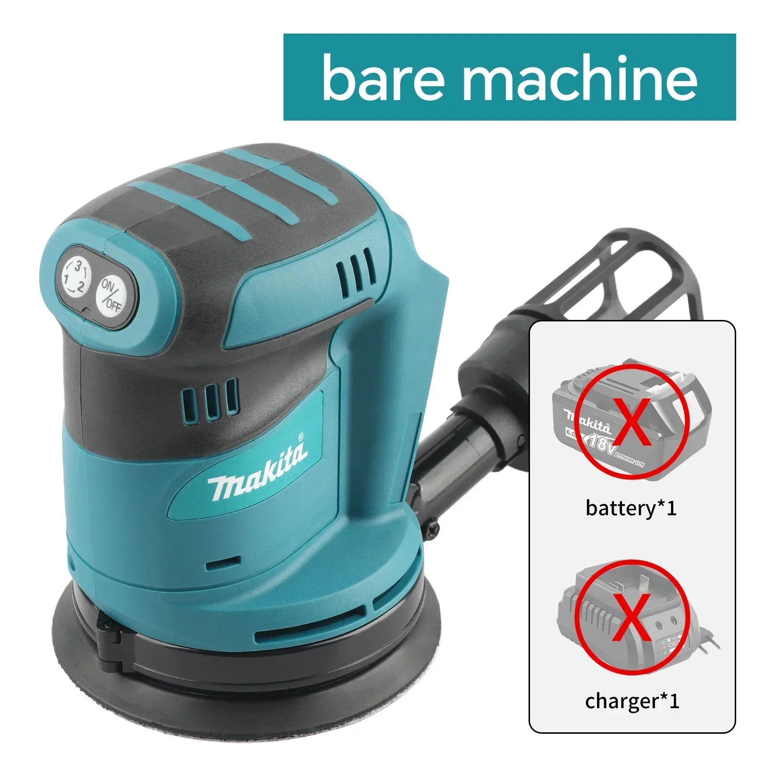 Lixadora orbital aleatória sem fios Makita DBO180Z 18V com bateria de iões de lítio recarregável para madeira, ideal para lixar e esmerilar.