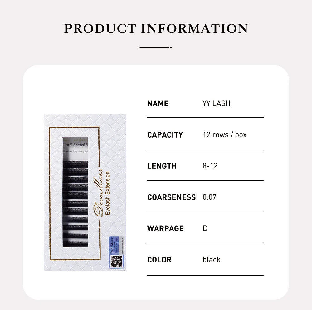 Extensão de pestanas DeceMars YY, comprimento de 6 mm a 18 mm, preta.