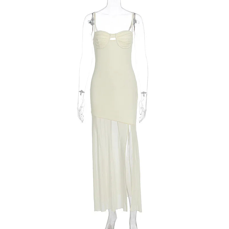 Elegante Vestido de Festa Longo Sexy com Alças Finas Vazadas em Malha e Decote nas Costas - Modelo Feminino Verão 2025