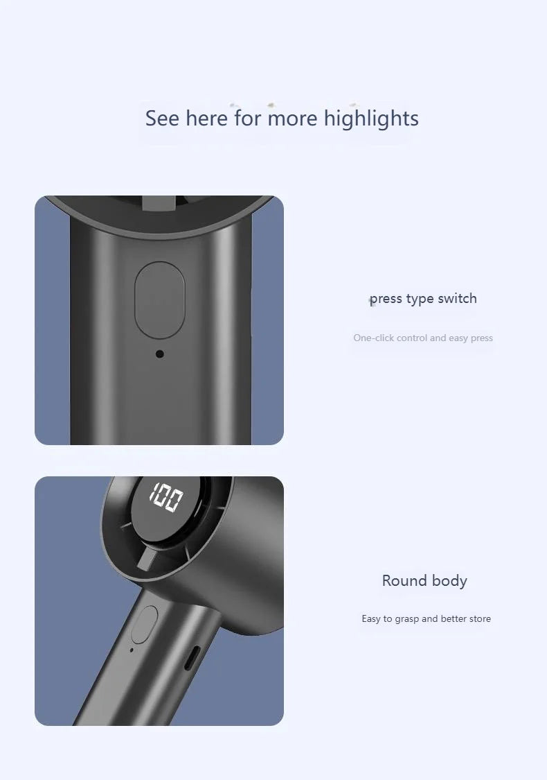 Mini ventilador portátil com visor LED, refrigeração por semicondutor, 100 velocidades, bateria recarregável via USB, ideal para utilização no exterior.