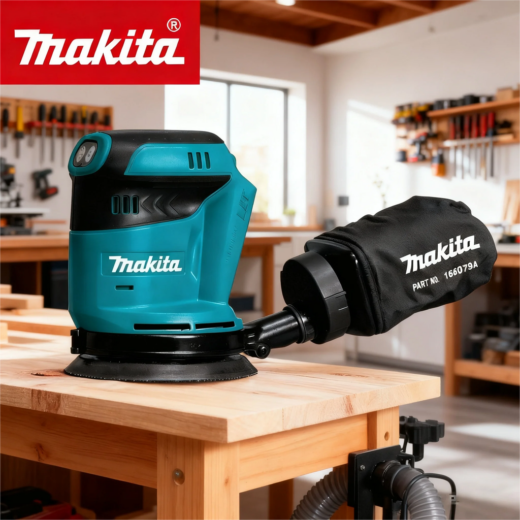 Lixadora orbital aleatória sem fios Makita DBO180Z 18V com bateria de iões de lítio recarregável para madeira, ideal para lixar e esmerilar.