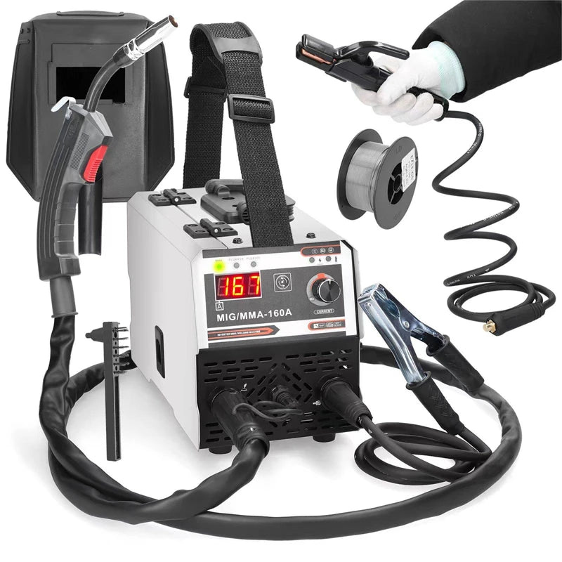 Máquina de soldadura MIG/MMA 2 em 1 com inversor IGBT DC, alimentação automática de arame, soldadura por contacto e soldadura por arco com proteção gasosa.