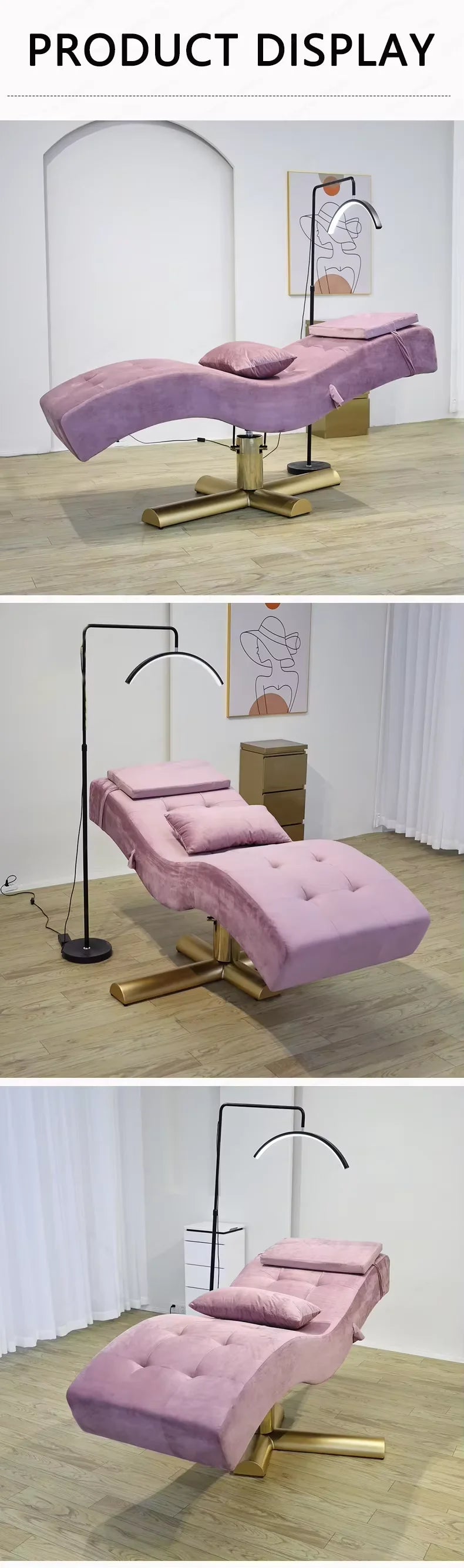 Nova maca ajustável com revestimento em veludo sintético rosa para extensão de pestanas, cadeira elétrica para salão de beleza e tratamentos faciais.