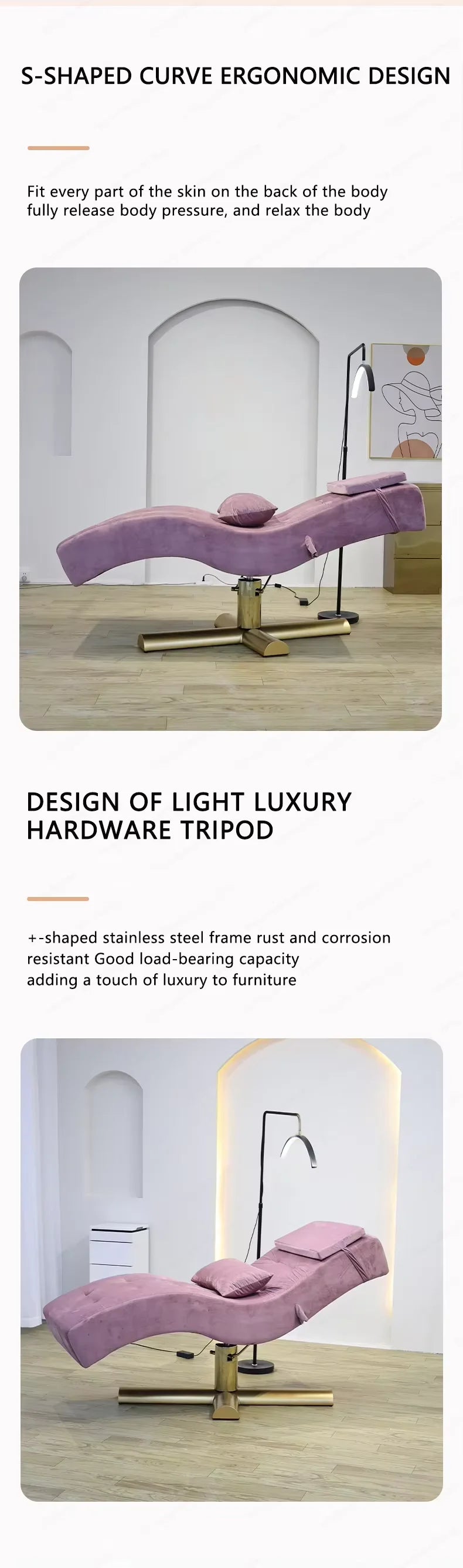 Nova maca ajustável com revestimento em veludo sintético rosa para extensão de pestanas, cadeira elétrica para salão de beleza e tratamentos faciais.