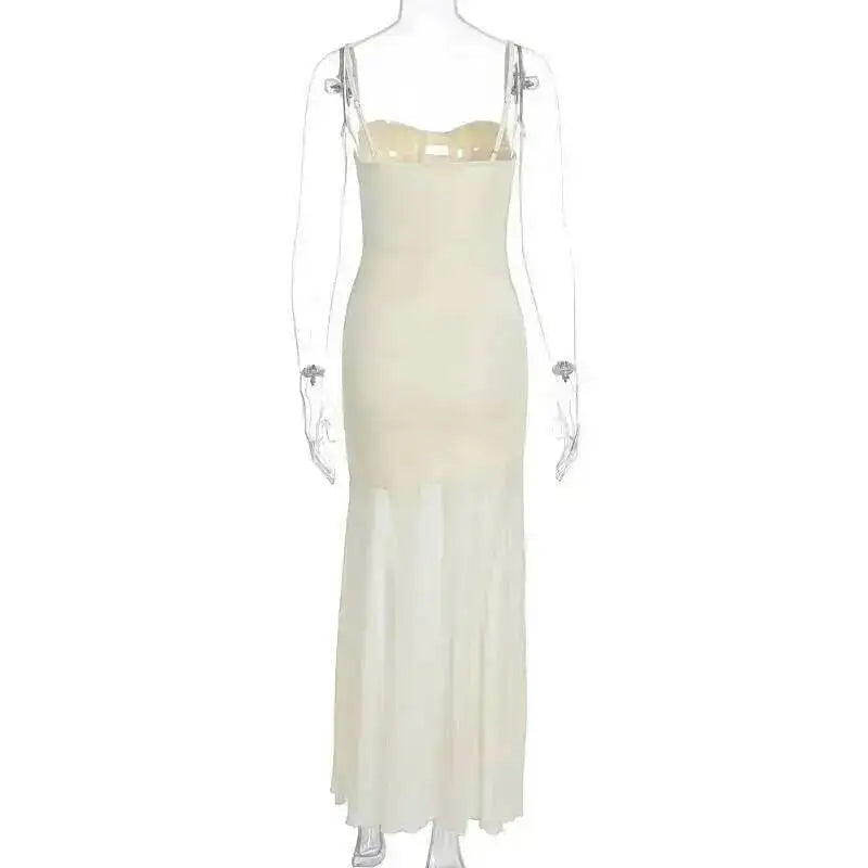 Elegante Vestido de Festa Longo Sexy com Alças Finas Vazadas em Malha e Decote nas Costas - Modelo Feminino Verão 2025
