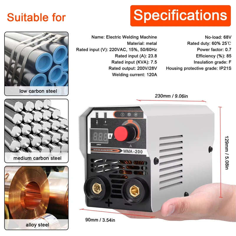 Máquina de soldadura MIG/MMA 2 em 1 com inversor IGBT DC, alimentação automática de arame, soldadura por contacto e soldadura por arco com proteção gasosa.