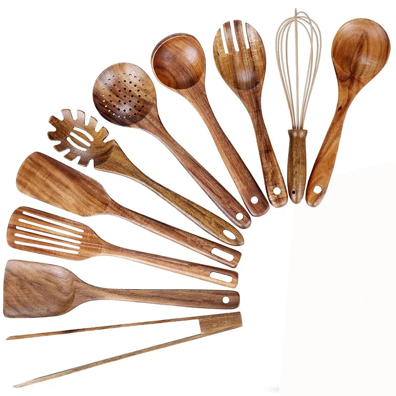 Conjunto de utensílio de cozinha de madeira de teca natural, 10 pacotes, colheres de madeira, espátula, conjunto de utensílio de cozinha para cozinhar e assar