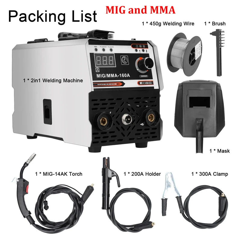 Máquina de soldadura MIG/MMA 2 em 1 com inversor IGBT DC, alimentação automática de arame, soldadura por contacto e soldadura por arco com proteção gasosa.