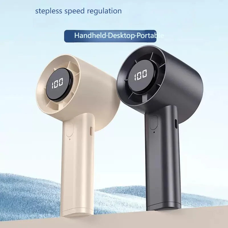 Mini ventilador portátil com visor LED, refrigeração por semicondutor, 100 velocidades, bateria recarregável via USB, ideal para utilização no exterior.