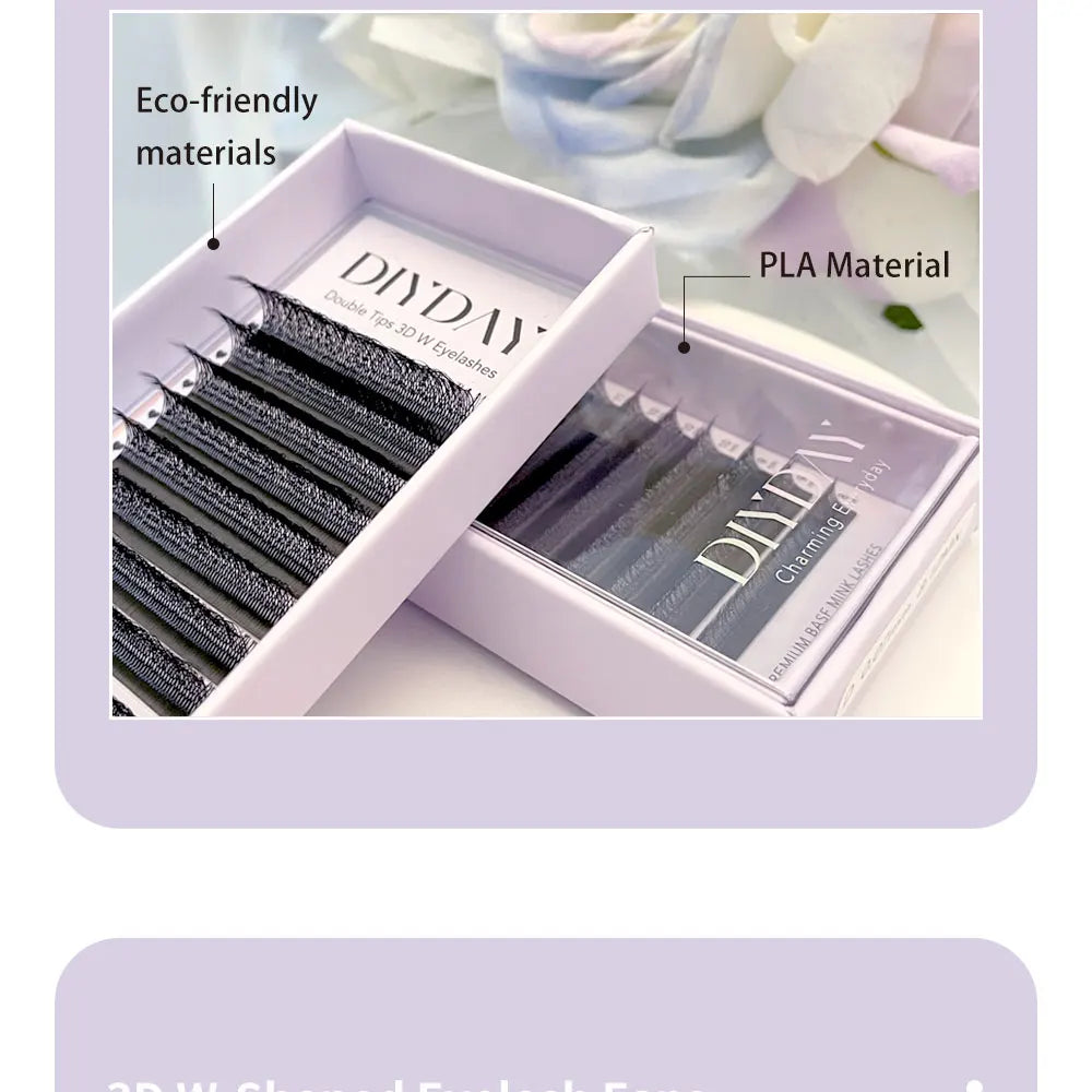Extensões de pestanas DIYDAY em formato W, estilo Bloom, 3D, 4D, 5D, 6D, 7D e 8D, com textura natural e macia, em forma de leque.