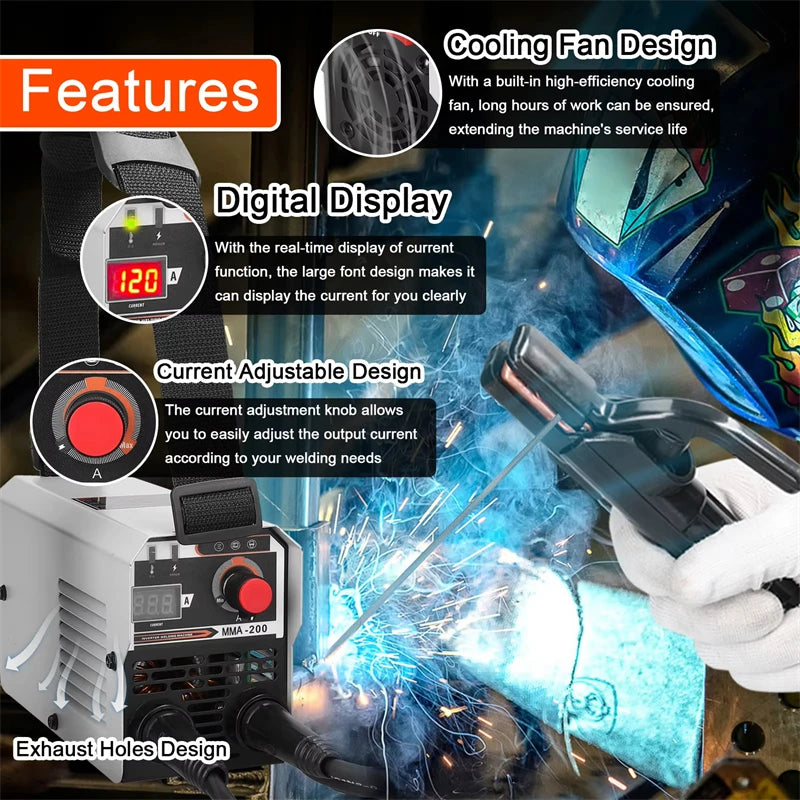 Máquina de soldadura MIG/MMA 2 em 1 com inversor IGBT DC, alimentação automática de arame, soldadura por contacto e soldadura por arco com proteção gasosa.