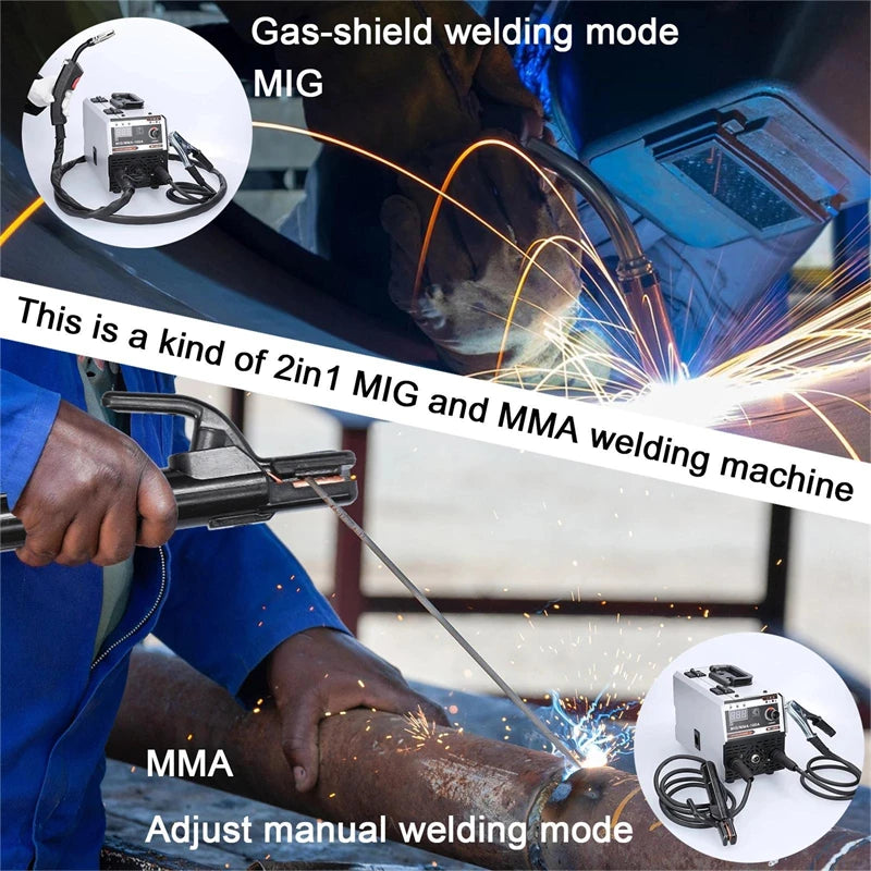 Máquina de soldadura MIG/MMA 2 em 1 com inversor IGBT DC, alimentação automática de arame, soldadura por contacto e soldadura por arco com proteção gasosa.