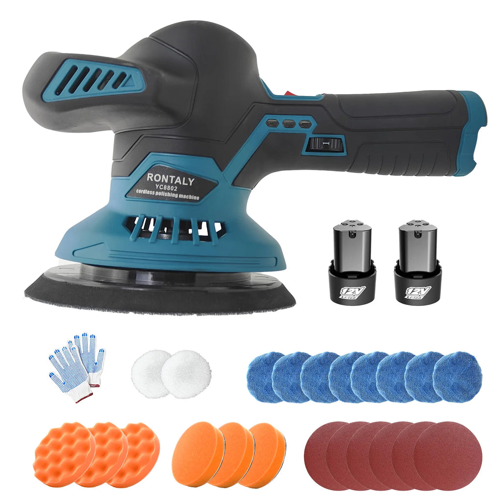 Polidora automóvel orbital de 12 V com 6 velocidades variáveis para limpeza detalhada e remoção de riscos.