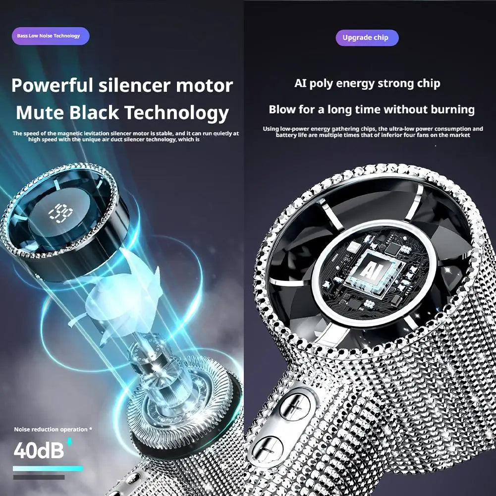 Ventilador portátil de mão com visor digital, 199 velocidades, com strass para pendurar ao pescoço, ideal para a praia.