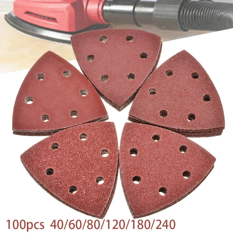 Conjunto de 100 discos de lixa triangulares de 90 mm para lixadora Delta com sistema de fixação por velcro, para grãos de lixa 40 a 400.