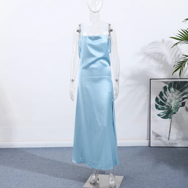Vestido elegante para mulher com racha, cor sólida, decote quadrado, costas nuas e sem mangas, modelo comprido, ideal para festas e eventos na primavera/verão de 2026.