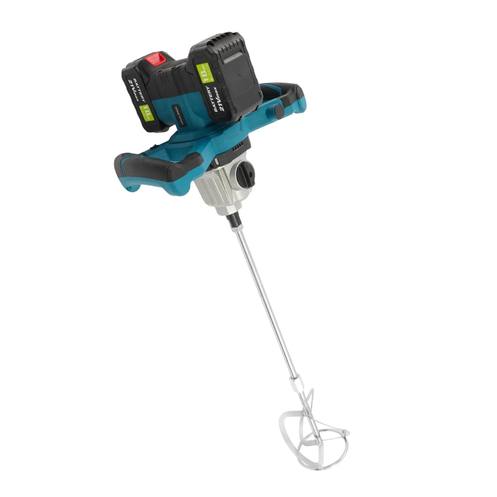 Misturador de argamassa e tinta manual sem fios moderno de 1200 W com motor sem escovas e 21 V, com estrutura mecânica de dupla velocidade.
