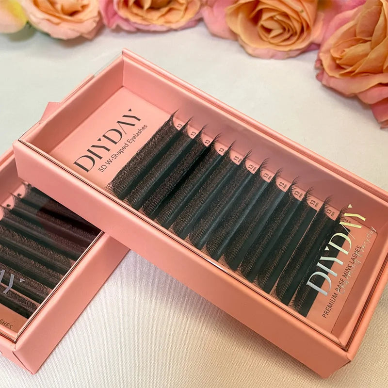 Extensões de pestanas DIYDAY em formato W, estilo Bloom, 3D, 4D, 5D, 6D, 7D e 8D, com textura natural e macia, em forma de leque.