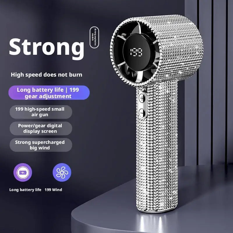 Ventilador portátil de mão com visor digital, 199 velocidades, com strass para pendurar ao pescoço, ideal para a praia.