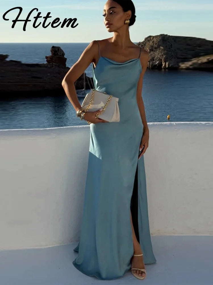 Vestido elegante para mulher com racha, cor sólida, decote quadrado, costas nuas e sem mangas, modelo comprido, ideal para festas e eventos na primavera/verão de 2026.