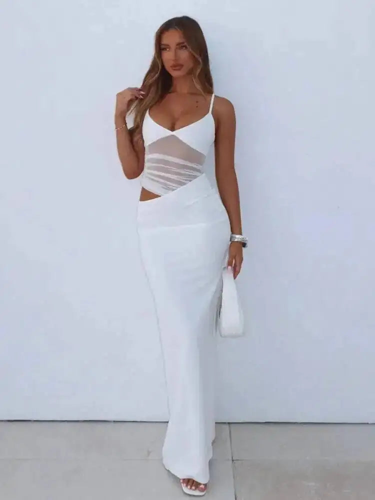 Elegante Vestido de Festa Longo Sexy com Alças Finas Vazadas em Malha e Decote nas Costas - Modelo Feminino Verão 2025