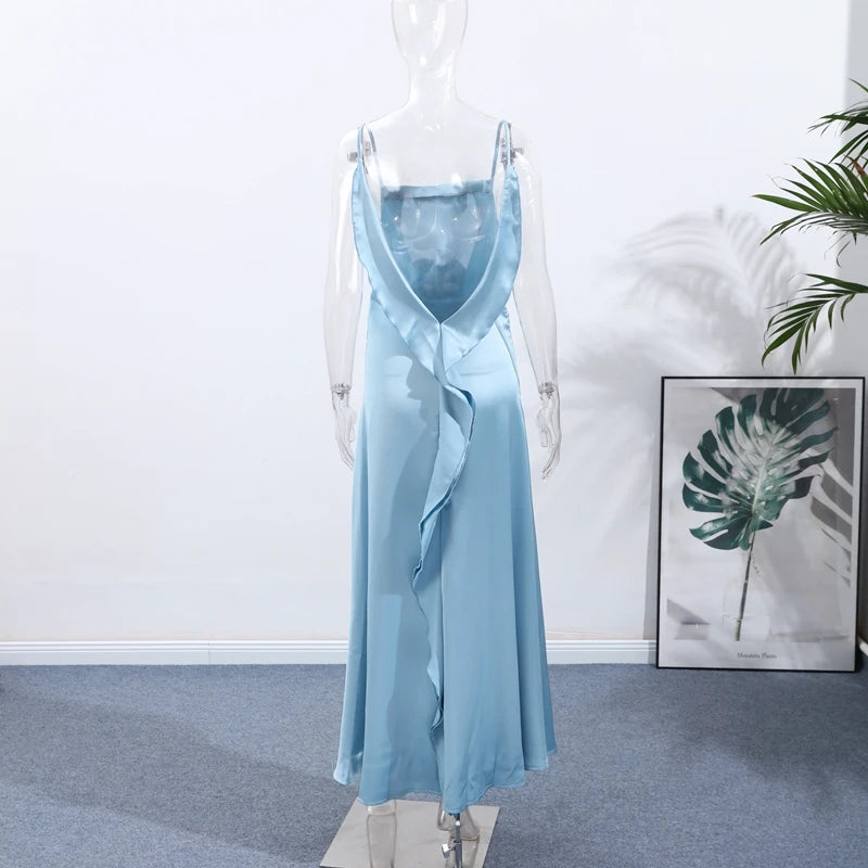 Vestido elegante para mulher com racha, cor sólida, decote quadrado, costas nuas e sem mangas, modelo comprido, ideal para festas e eventos na primavera/verão de 2026.