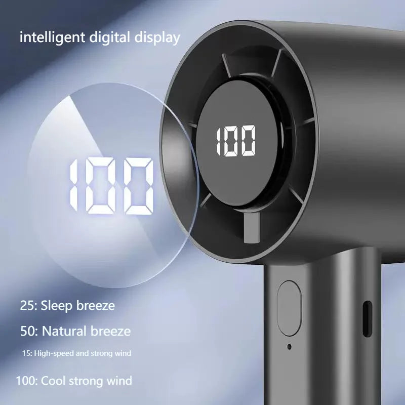 Mini ventilador portátil com visor LED, refrigeração por semicondutor, 100 velocidades, bateria recarregável via USB, ideal para utilização no exterior.
