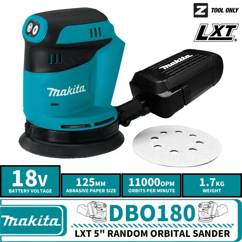 Lixadora orbital aleatória sem fios Makita DBO180Z 18V com bateria de iões de lítio recarregável para madeira, ideal para lixar e esmerilar.