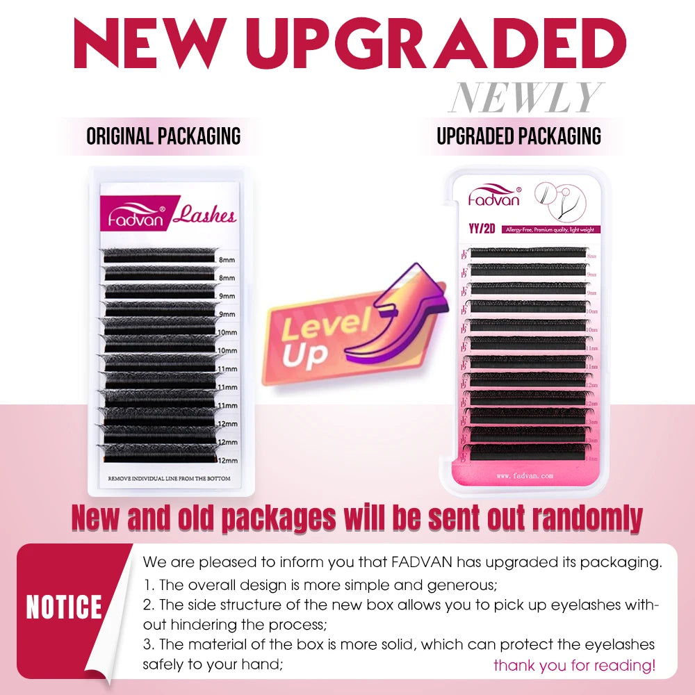 Extensão de pestanas FADVAN YY Shape 2D/3D Faux Mink L+/L/LU(M)/C/D/DD 8-15mm Preto/Castanho, Pestanas postiças pré-fabricadas com ponta dividida