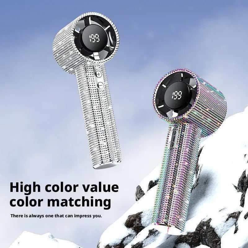 Ventilador portátil de mão com visor digital, 199 velocidades, com strass para pendurar ao pescoço, ideal para a praia.