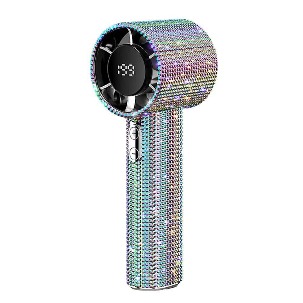 Ventilador portátil de mão com visor digital, 199 velocidades, com strass para pendurar ao pescoço, ideal para a praia.
