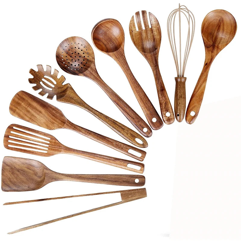Conjunto de utensílio de cozinha de madeira de teca natural, 10 pacotes, colheres de madeira, espátula, conjunto de utensílio de cozinha para cozinhar e assar
