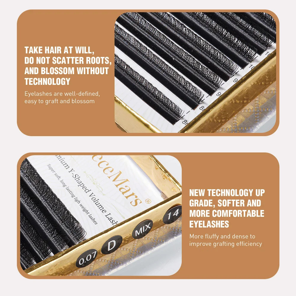 Extensão de pestanas DeceMars YY, comprimento de 6 mm a 18 mm, preta.