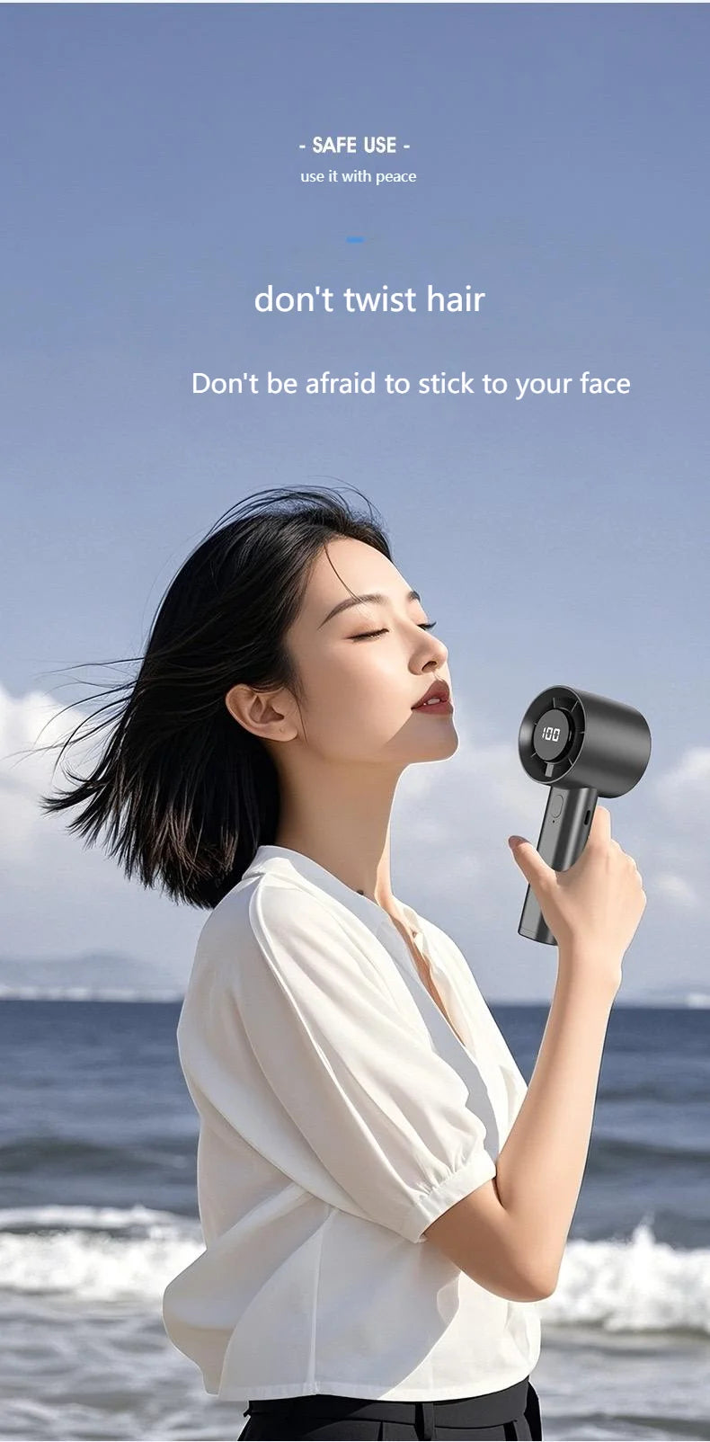 Mini ventilador portátil com visor LED, refrigeração por semicondutor, 100 velocidades, bateria recarregável via USB, ideal para utilização no exterior.