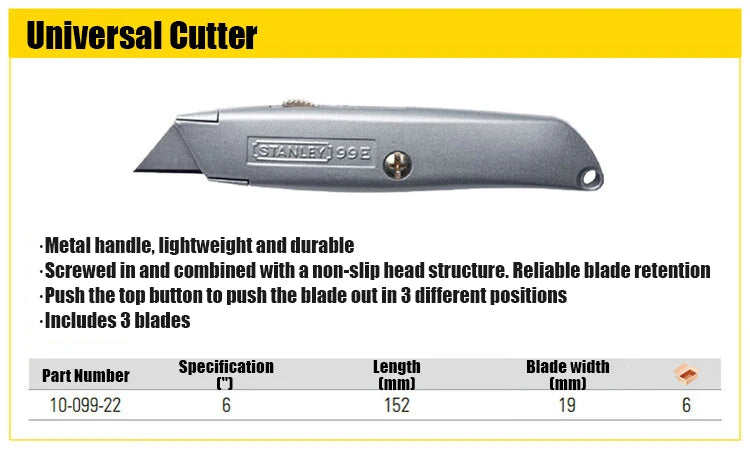 Estilete Universal STANLEY 10-099-22 de 19 mm para Artesanato, Cortador de Papel de Parede, Estilete para Papel de Parede com Lâmina Prática