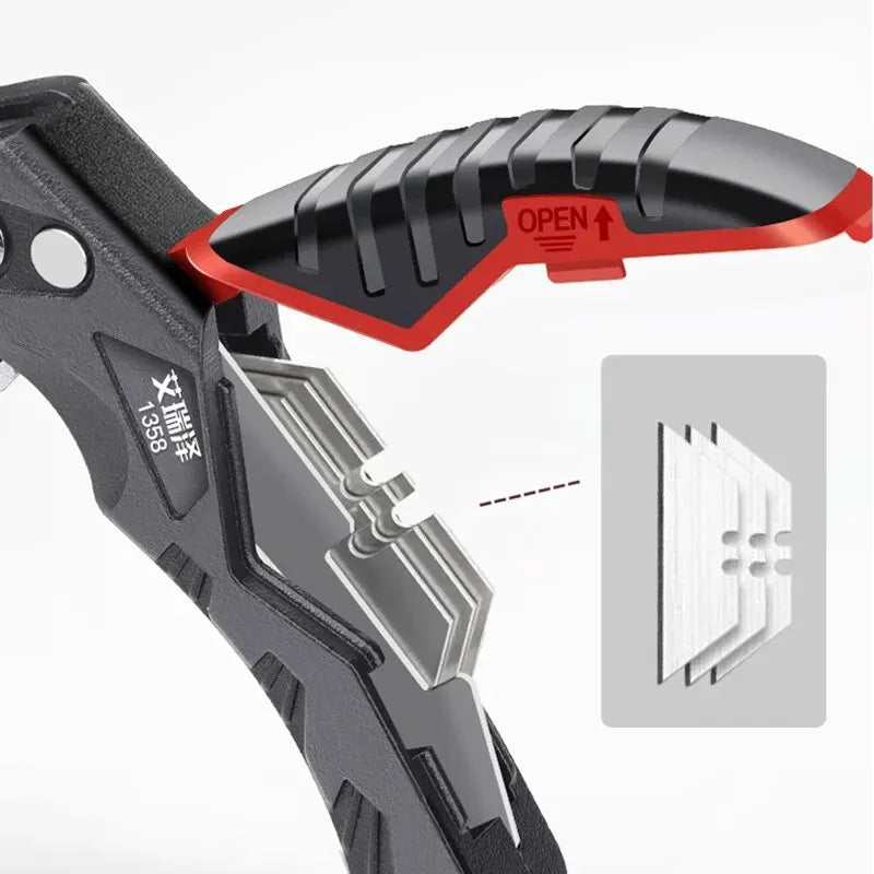 Estilete multifuncional retrátil AIRAJ com lâmina de aço resistente de 18 mm, ideal para cortes em papel, eletricista e uso profissional.