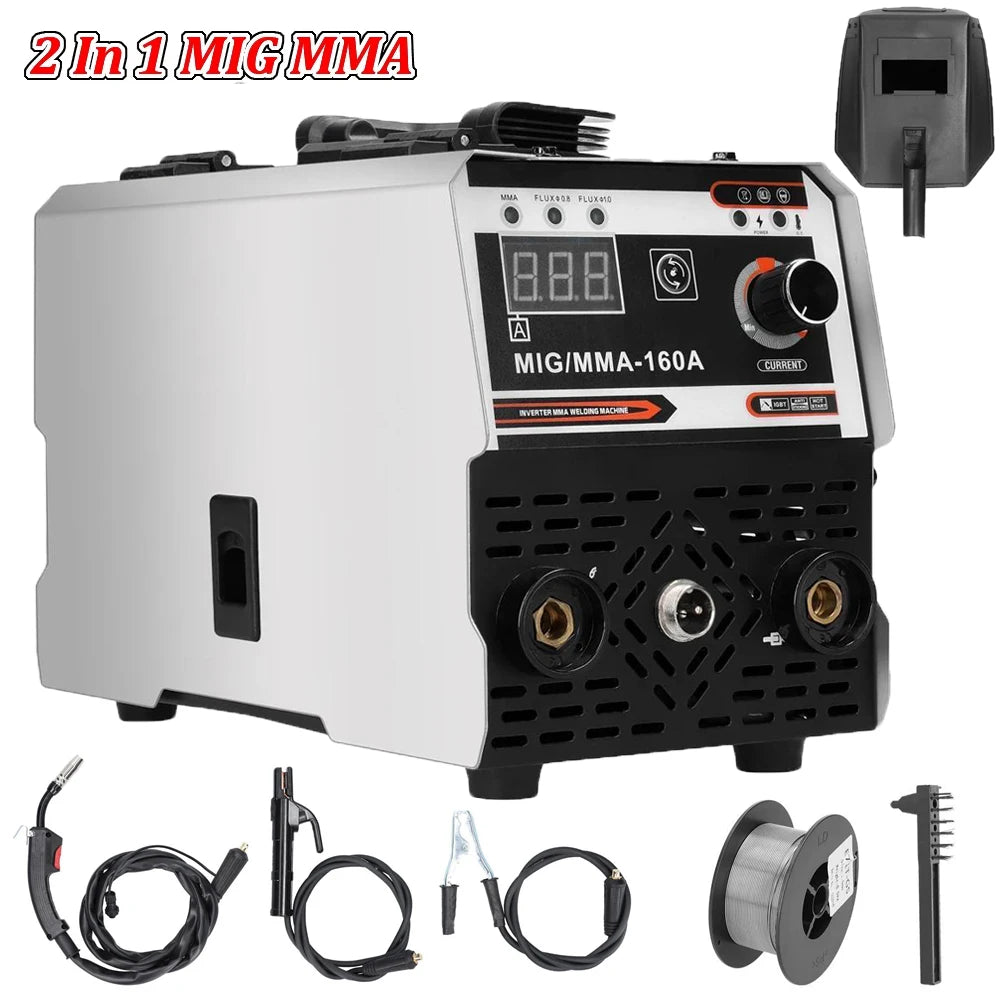 Máquina de soldadura MIG/MMA 2 em 1 com inversor IGBT DC, alimentação automática de arame, soldadura por contacto e soldadura por arco com proteção gasosa.
