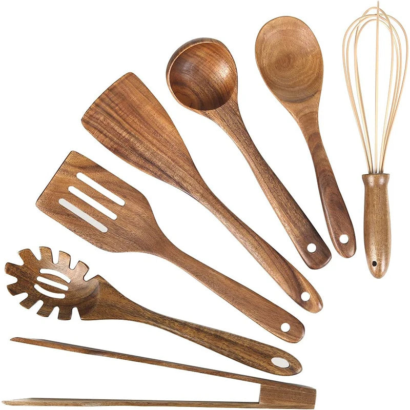 Conjunto de utensílio de cozinha de madeira de teca natural, 10 pacotes, colheres de madeira, espátula, conjunto de utensílio de cozinha para cozinhar e assar